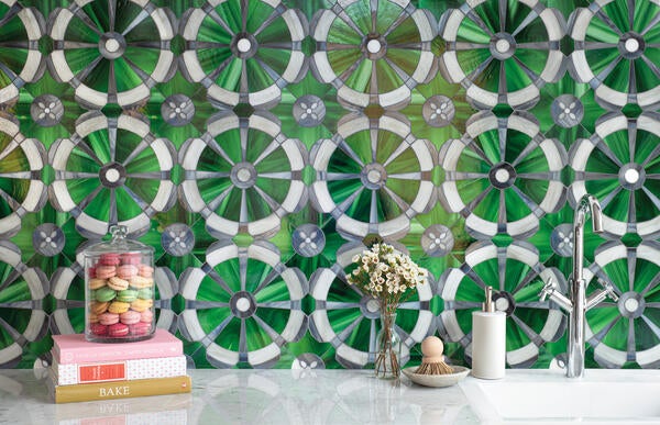 Printemps, a waterjet glass mosaic shown in Cat’s Eye, Labradorite and Alabaster, is part of the Ville Lumière collection by Caroline Beaupère