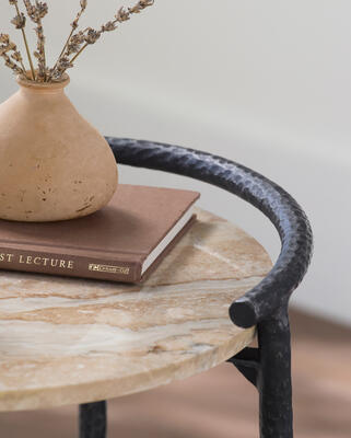 Ojai end table (BOJI-002) with polished marble top and hammered iron framework